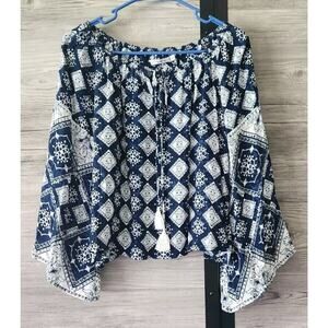 Faithfull The Brand peasant Top Blue white wide sleeves tassels Small